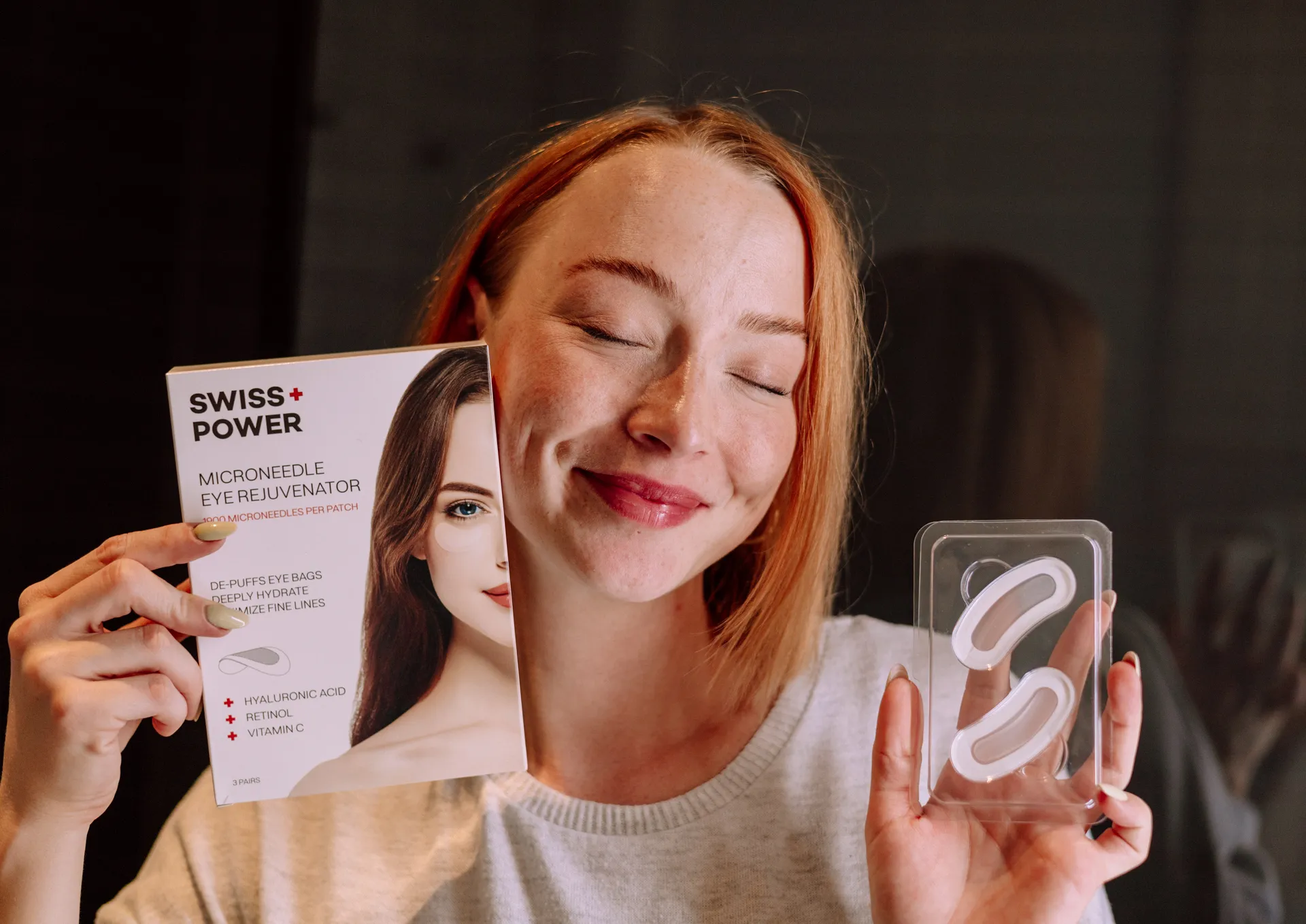 girl with packaging and patches from Swiss Power